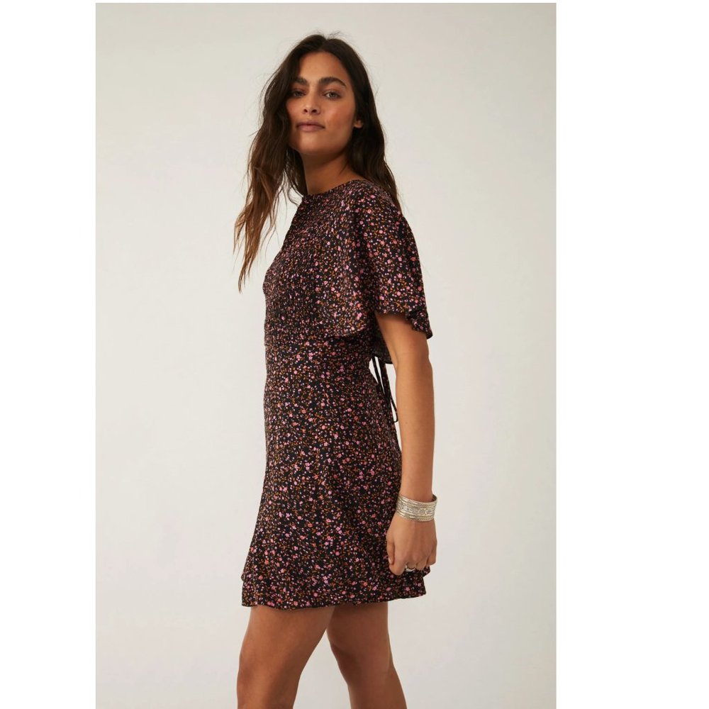 NEW Free People Florence Mini Dress Floral Lace Up Smocked Evening Combo Black - Picture 3 of 12